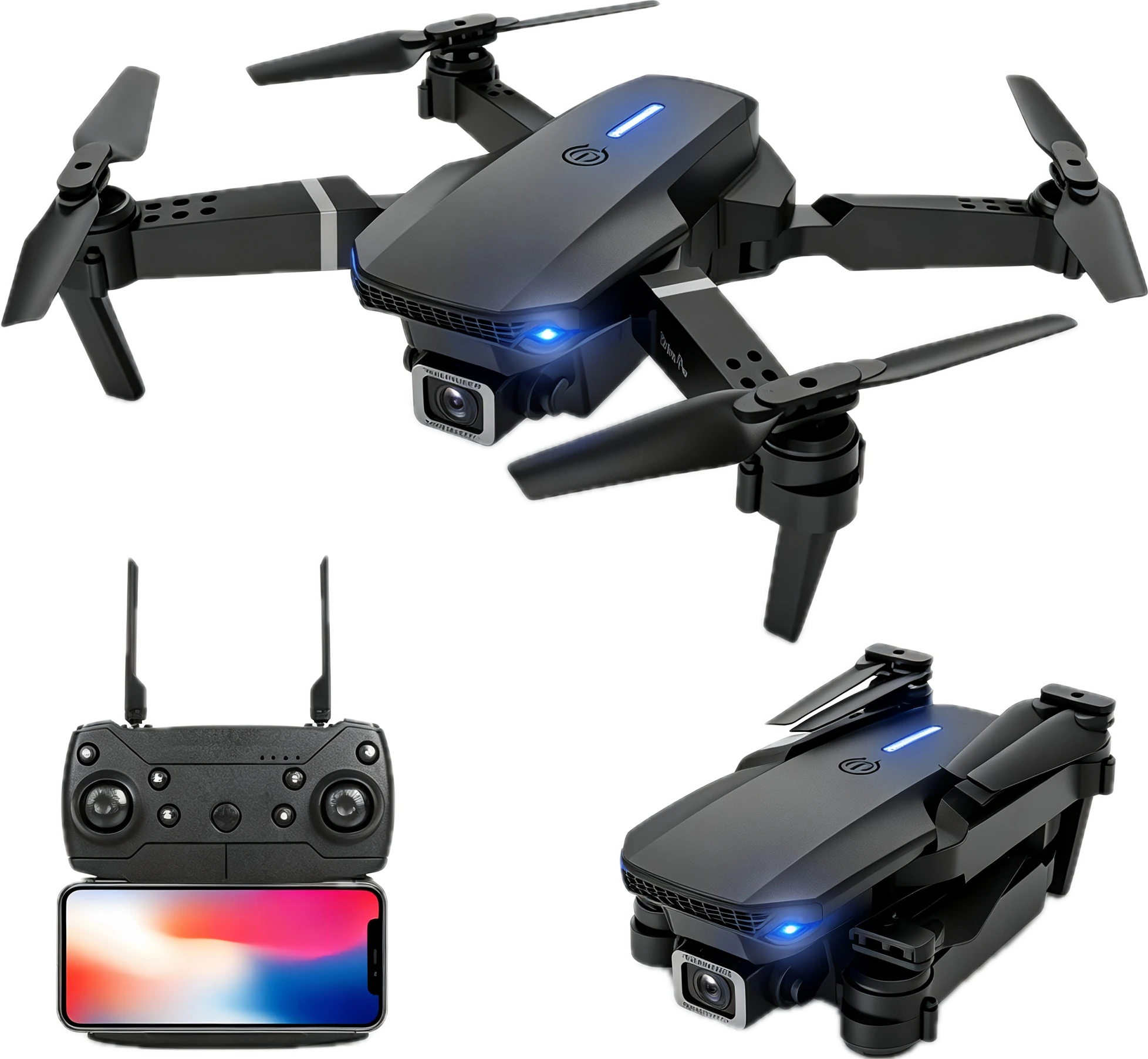 A compact black drone with a four-propeller profile.