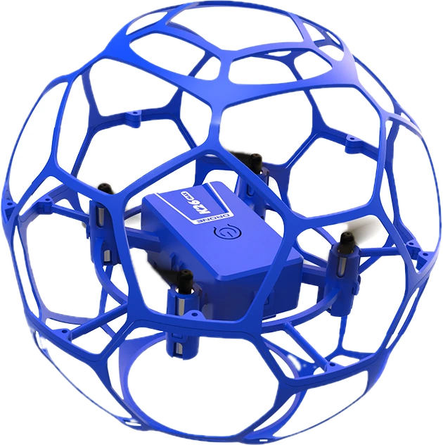 A blue drone inside a football-shaped frame.