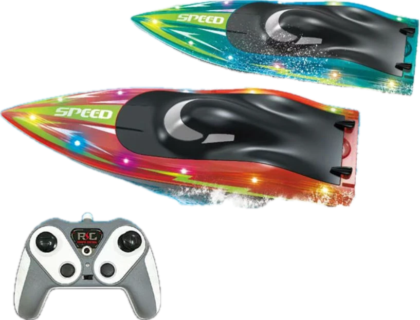 A streamlined toy boat with flame-style graphics.