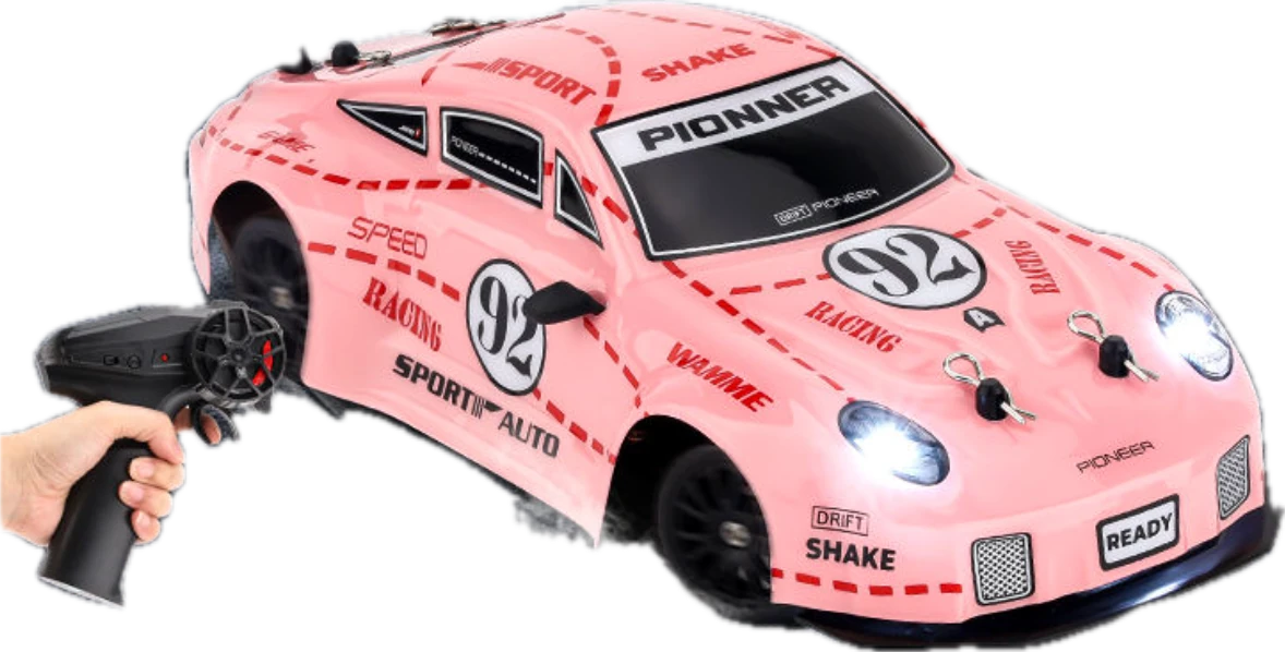 Pink racing graphics with plenty of personality.