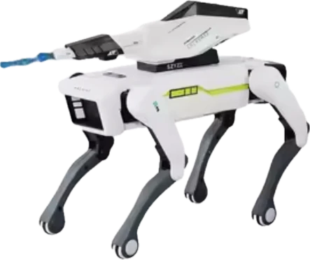 A four-legged robot dog with a white and black body.