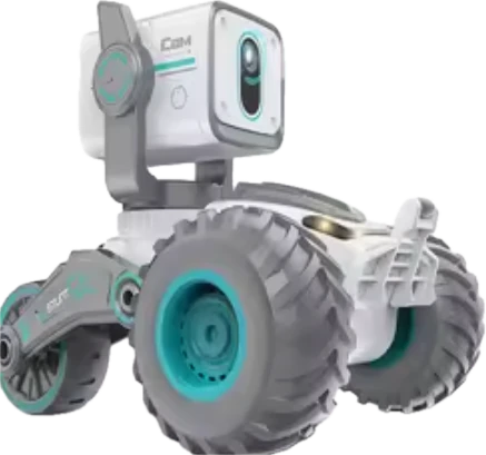 An expressive robot face, chunky wheels and teal details.