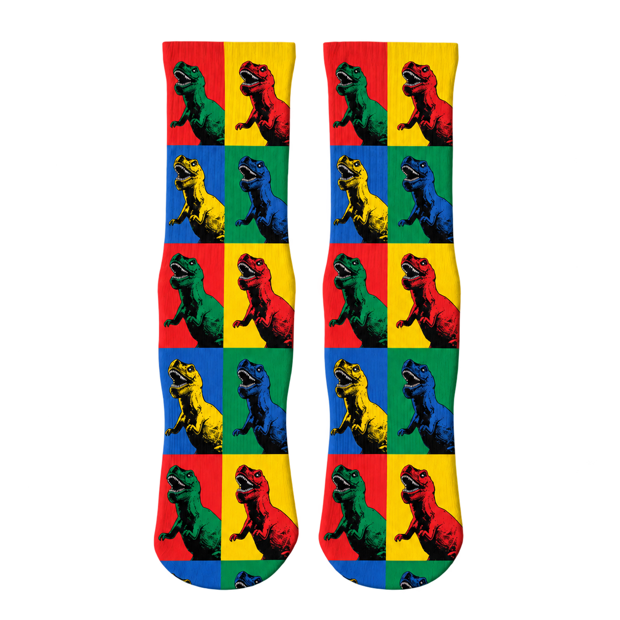 A pair of crew socks with colorful T-Rex artwork