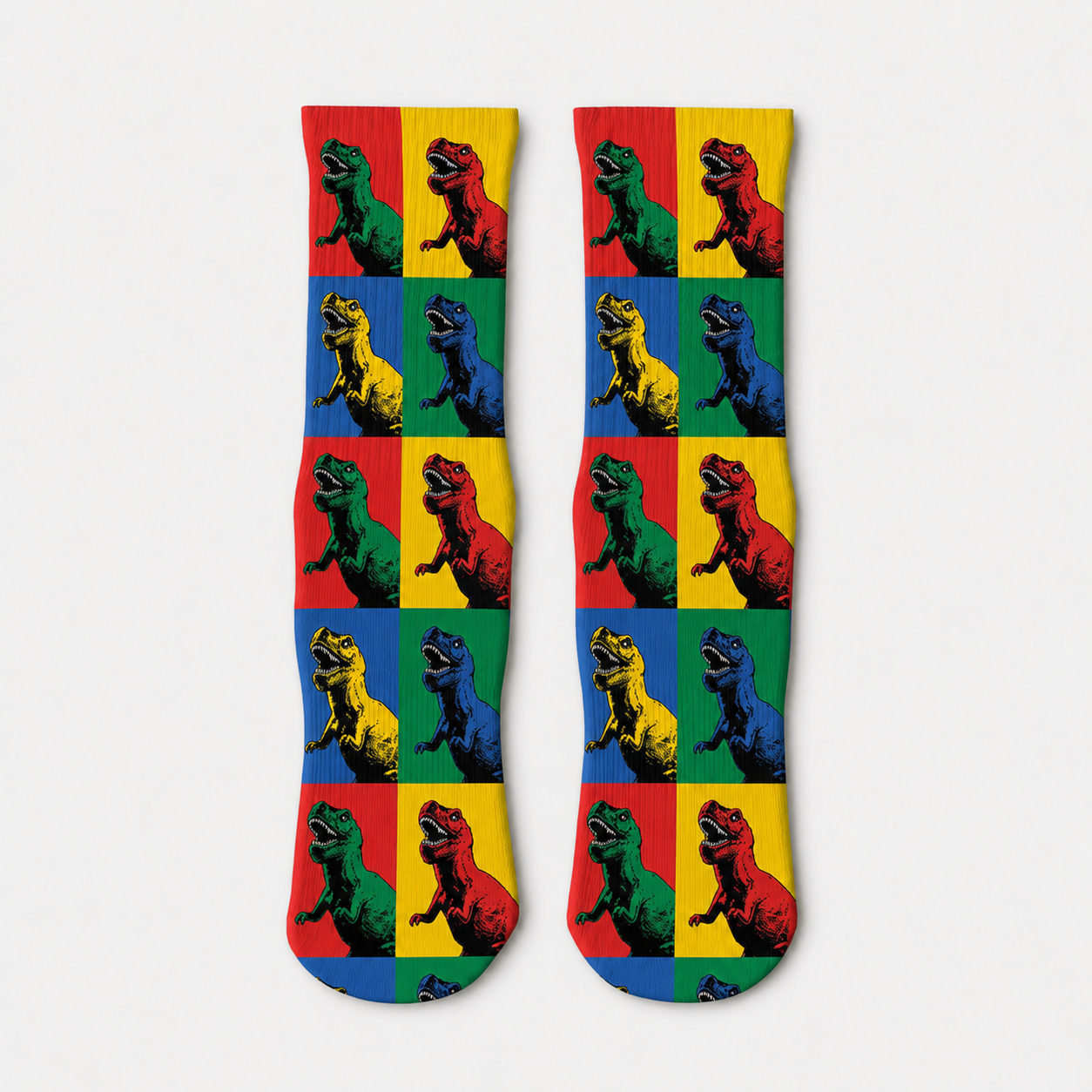 T-Rex socks from Savvy Sox, shown as an example of a printed pair